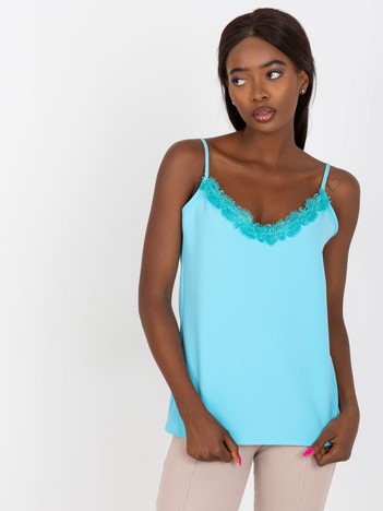 Blue smooth top with lace neckline 