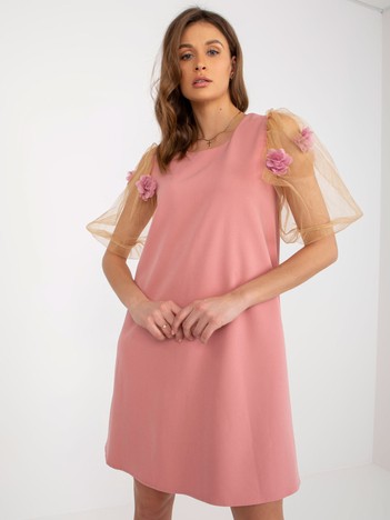 Dirty pink and camel cocktail dress with 3D flowers