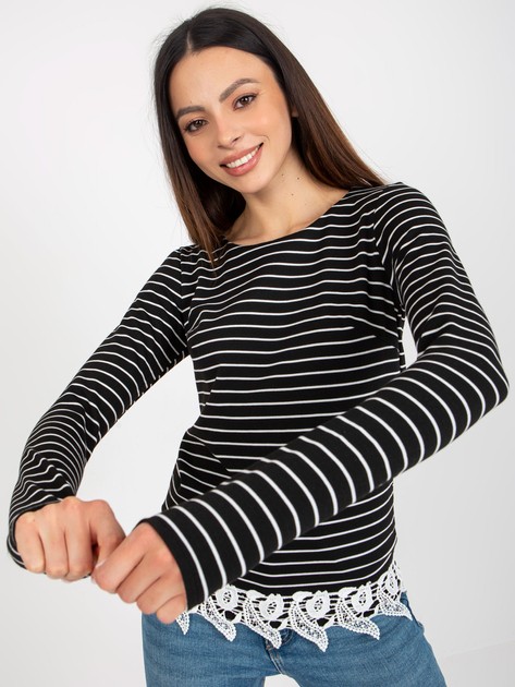 Black Striped Lace Long Sleeve Blouse