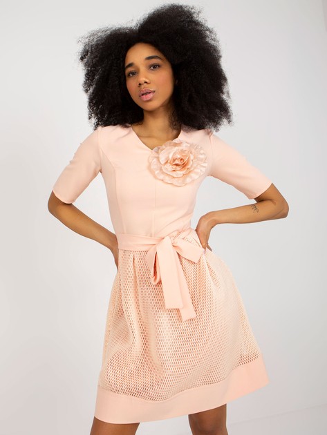 Peach Women's Cocktail Dress with Brooch